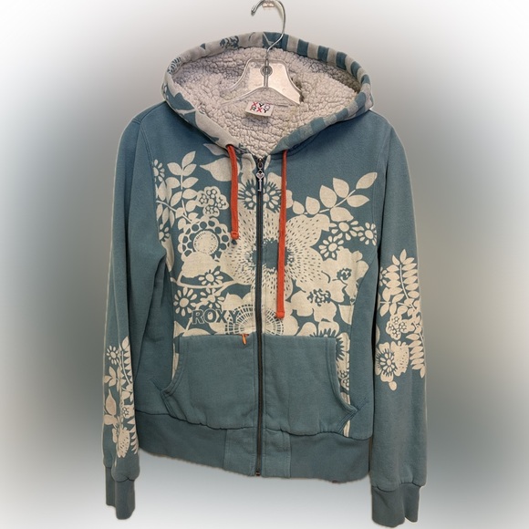 Roxy Jackets & Blazers - Roxy Teal Floral Sherpa-Lined Hoodie with Orange Drawstrings